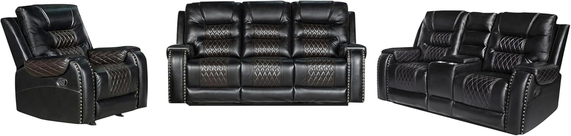 PU Leather Sofa Set, 3 Pieces Living Room Set with Cup Holders, Manual Recliner Sofa &Loveseat & Chair, Black-0