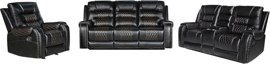 PU Leather Sofa Set, 3 Pieces Living Room Set with Cup Holders, Manual Recliner Sofa &Loveseat & Chair, Black-0
