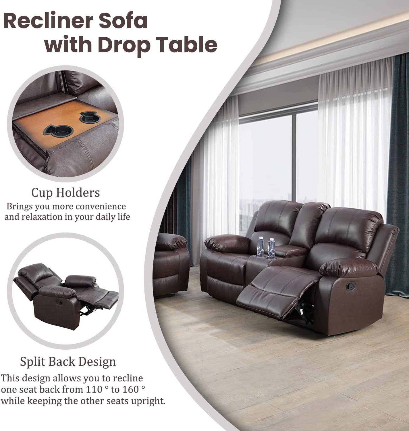 Manual Recliner Sofa Set, Bonded Leather Sofa Set Living Room Furniture, Reclining Sofa Set Leather Recliner Couch with Cup Holder/Storage Console for Living Room (3 Pieces Couch Set, Brown)-3