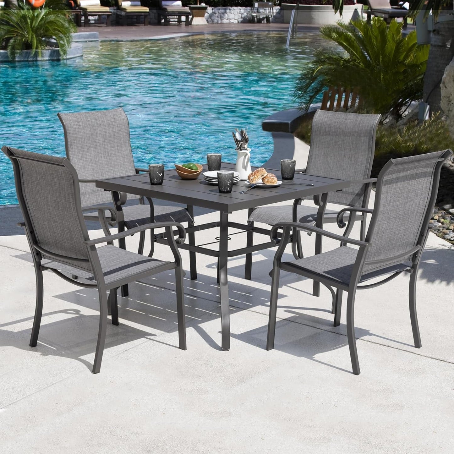 Outdoor Patio Dining Set 5 Piece Furniture Set Including Square Outdoor Dining Table with 1.57" Umbrella Hole and 4 Gray Textilene Chairs for Garden, Patio and Poolside Backyards-0