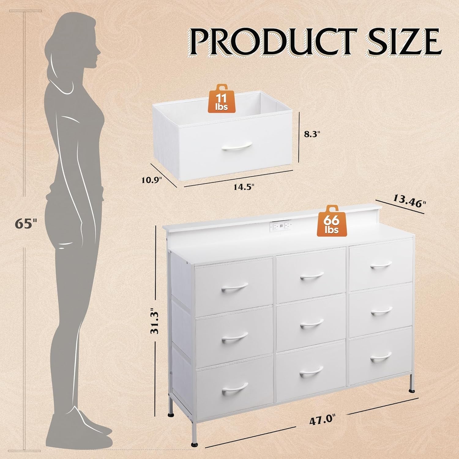 Dresser TV Stand for 55 Inch, Led Dresser for Bedroom, White Dresser for Bedroom with LED Lights and Charging Station, Chest of Drawers, 9 Fabric Dresser Drawers, Wood Top, Living Room, Closet-2