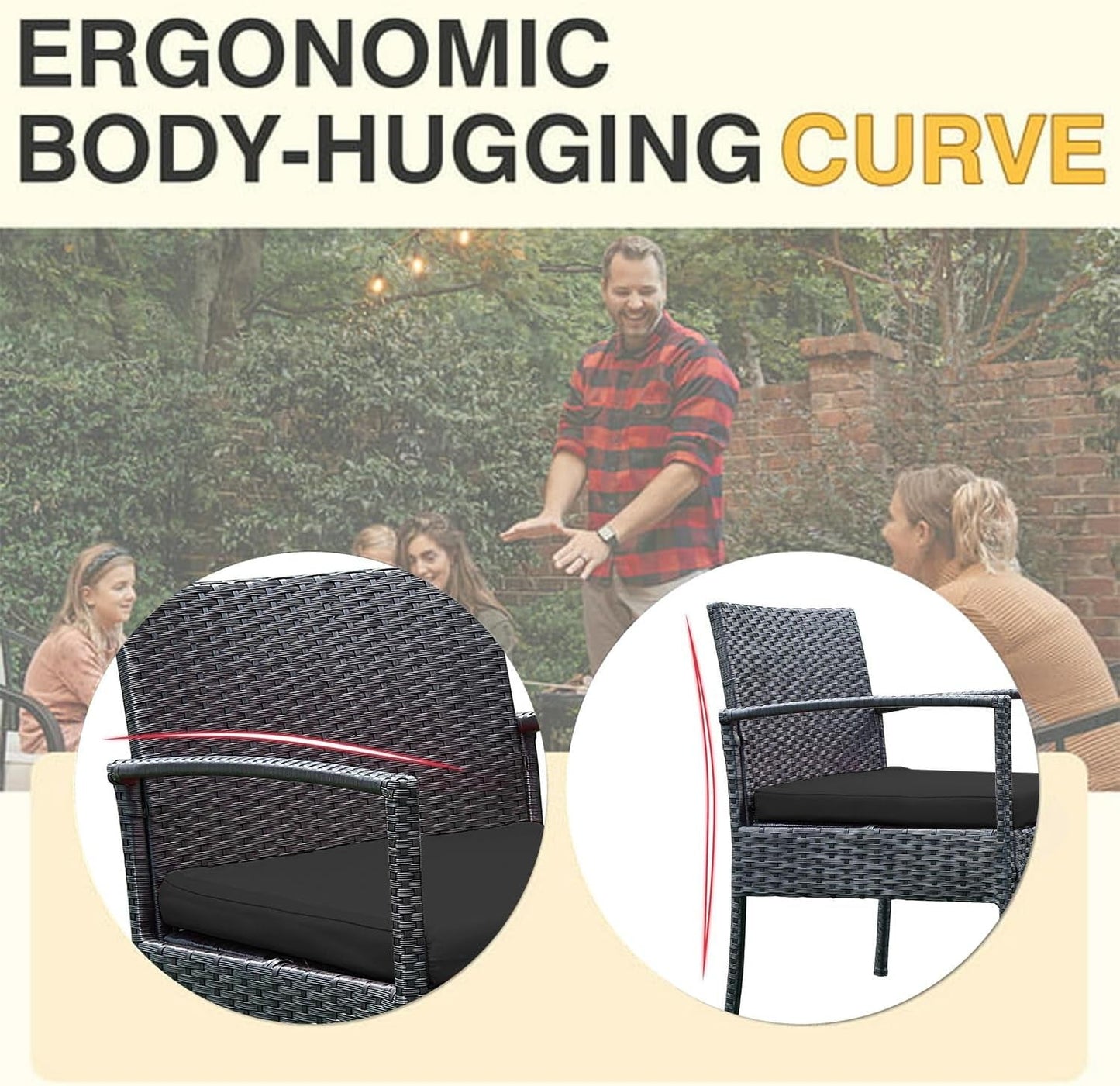 3 PCS Patio Rattan Conversation Chairs Set, Outdoor Patio Furniture Balcony Furniture Set, Wicker Patio Set for Garden Porch Balcony Yard, Black-3