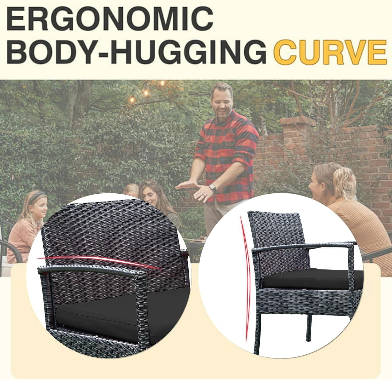 3 PCS Patio Rattan Conversation Chairs Set, Outdoor Patio Furniture Balcony Furniture Set, Wicker Patio Set for Garden Porch Balcony Yard, Black-3