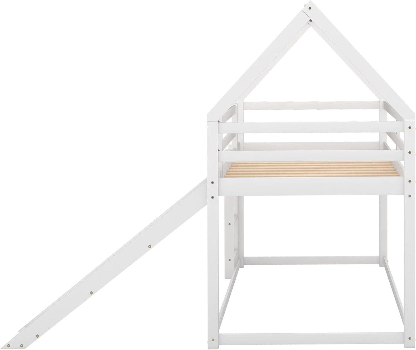 Twin over Twin Low Bunk Bed with Slide, Solid Wood House Bunk Bed for Kids Girls Boys (White)-4