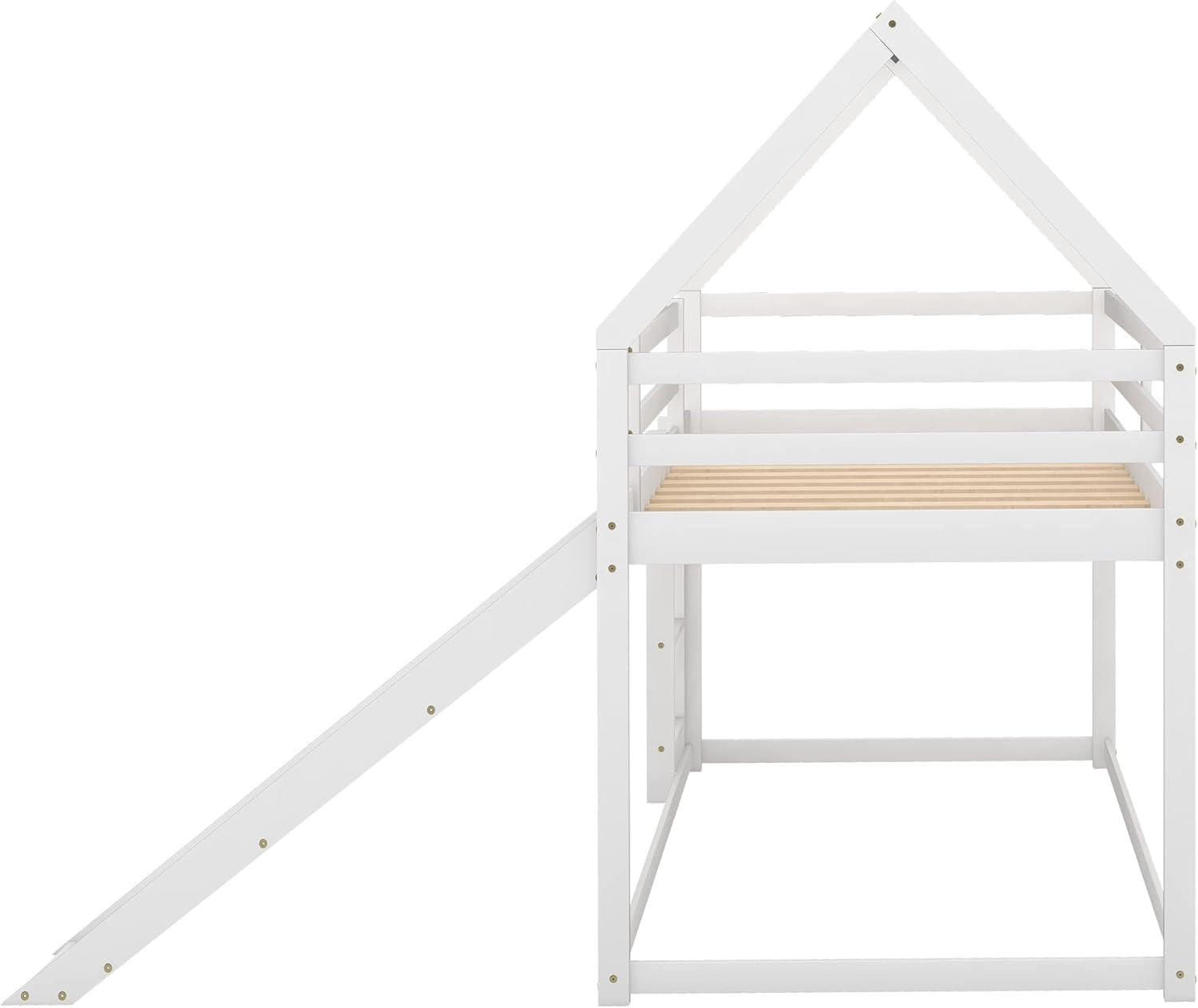 Twin over Twin Low Bunk Bed with Slide, Solid Wood House Bunk Bed for Kids Girls Boys (White)-4