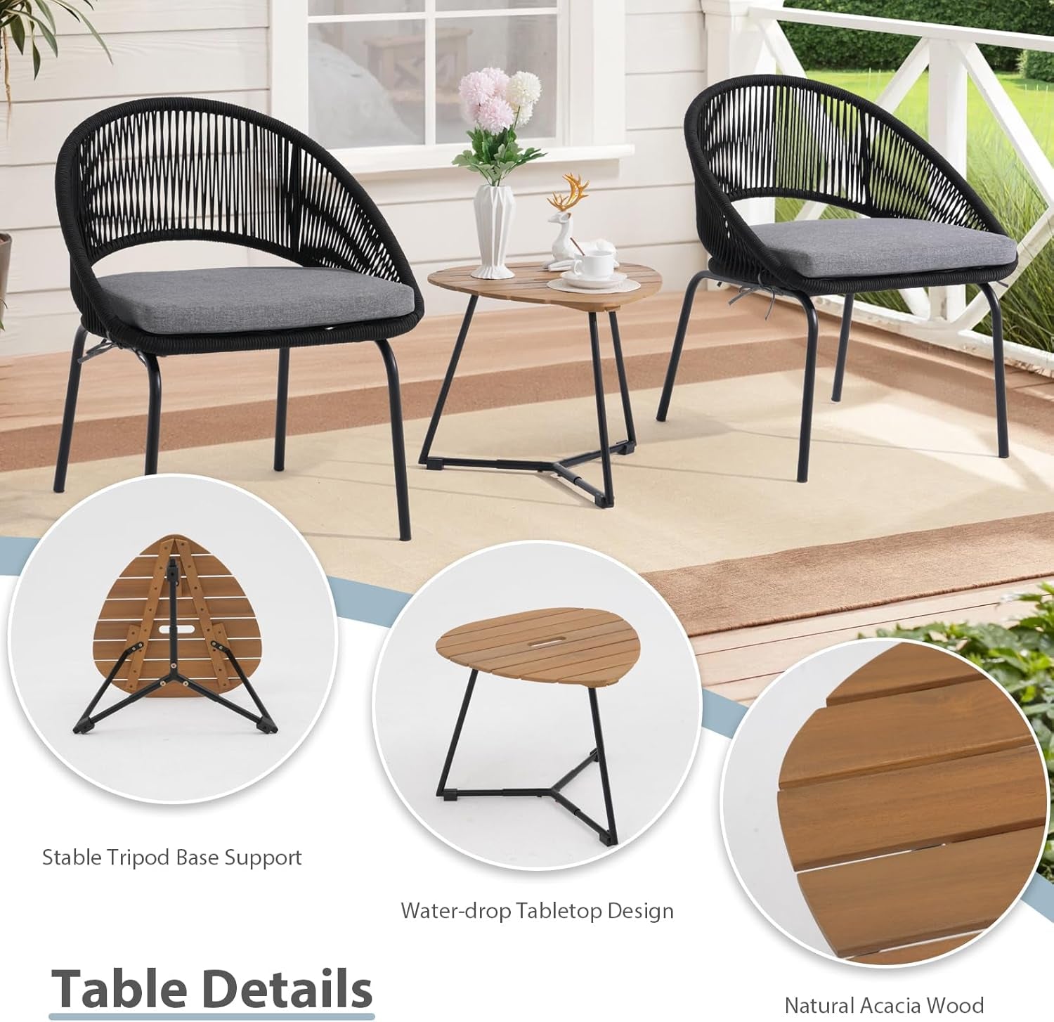 Patio Furniture Set, 3 Piece Outdoor Bistro Chair Conversation Sets Woven Rope with Wood Coffee Table for Yard Backyard Lawn Garden Porch Backyard Deck Poolside Balcony-3