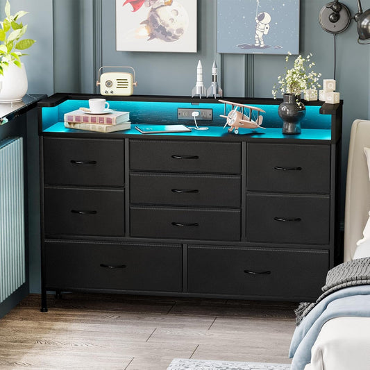 Black LED Dresser, Dresser with 9 Drawers and Charging Station, Fabric Chest of Drawers with PU Finish for Kid Room, Entryway, Living Room, Hallway-0