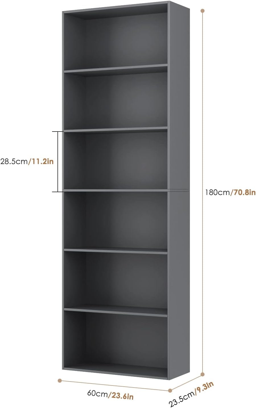 6-Tier Open Bookcase and Bookshelf, Freestanding Display Storage Shelves Tall Bookcase for Bedroom, Living Room and Office, Dark Gray-2