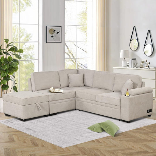 Beige Pull Out Sleeper Sofa Bed with Storage-0
