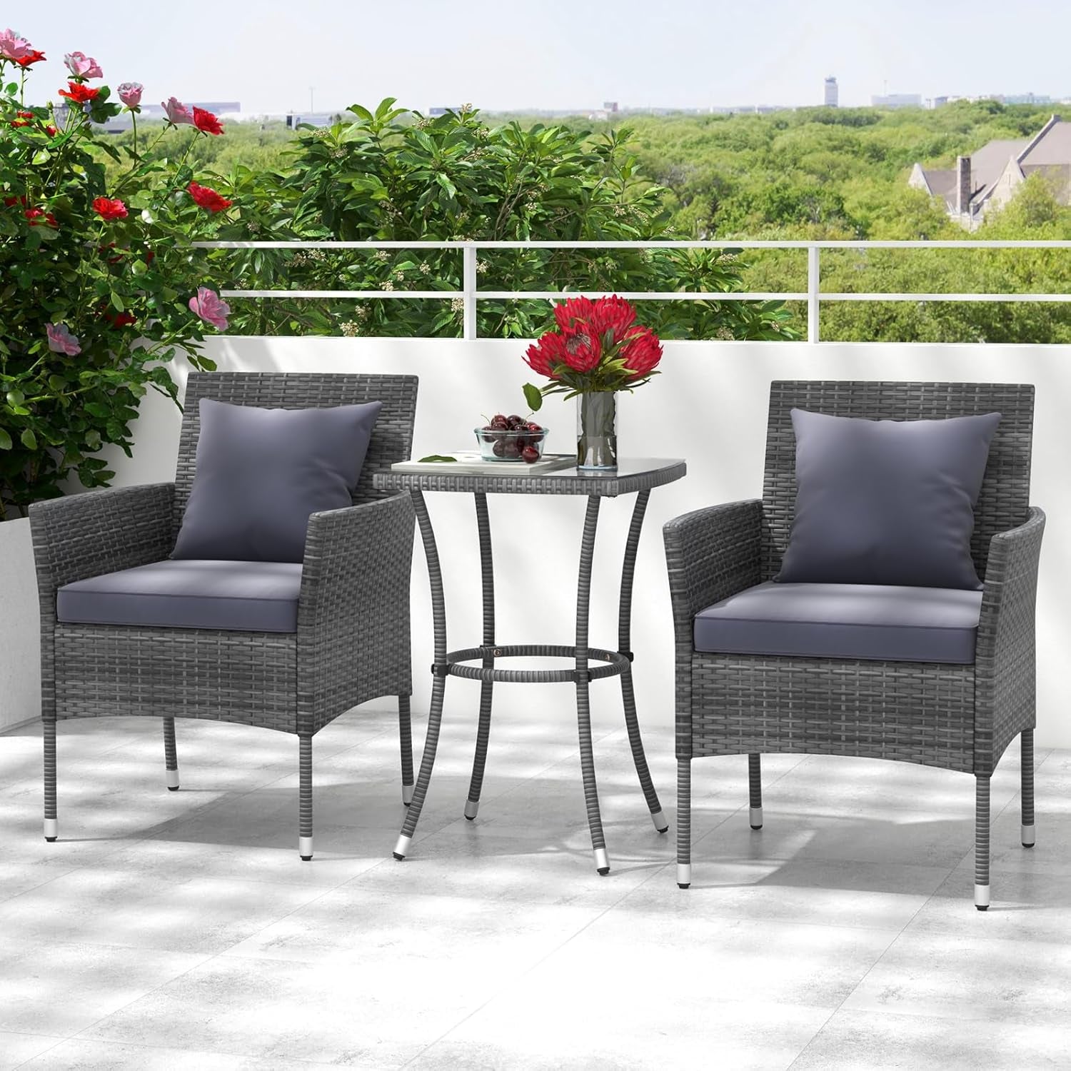 3-Piece Patio Furniture Set, PE Wicker Conversation Bistro Set W/A Tempered Glass Table & 2 Cushioned Chairs, Outdoor Table & Chairs Set for Patio Porch Yard Garden (Mix Gray+Grey)-2