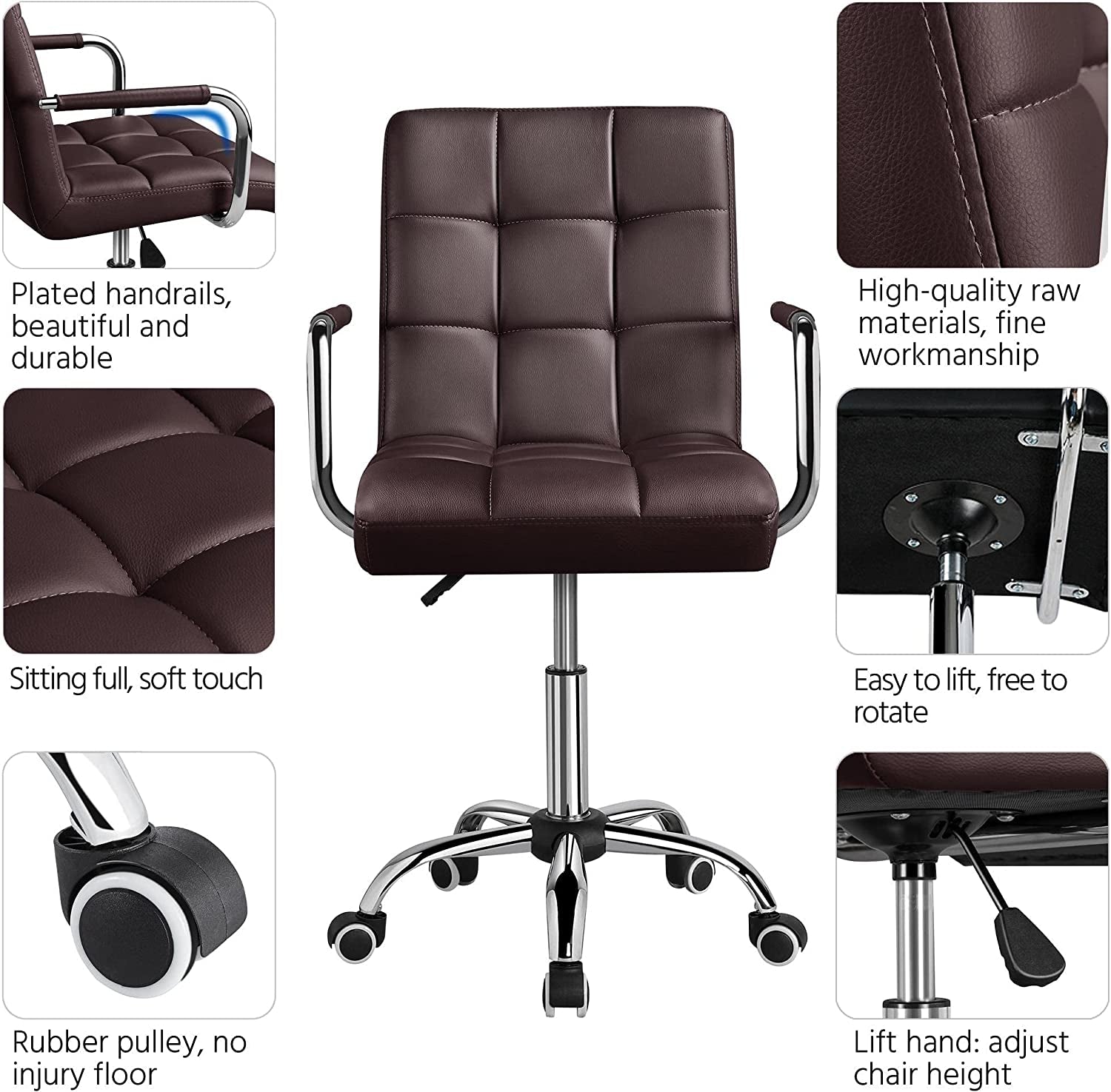 Modern Brown Leather Office Chair with Casters-3