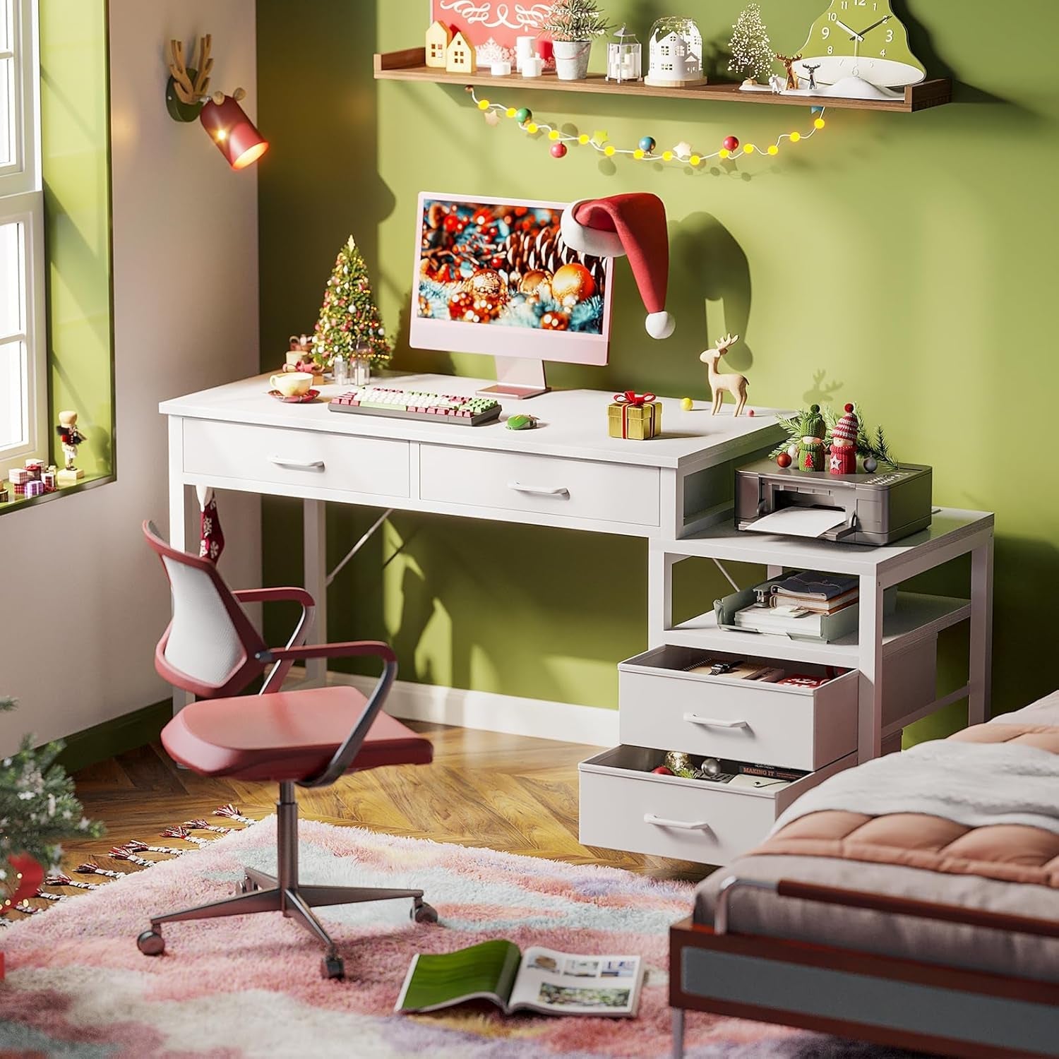 Computer Desk with 4 Drawers and USB Power Outlets, Reversible Home Office Desk with Printer Stand, Small Desk with Storage Shelf, Study Writing Work Table for Bedroom, Vanity Desk, White, 53"-1