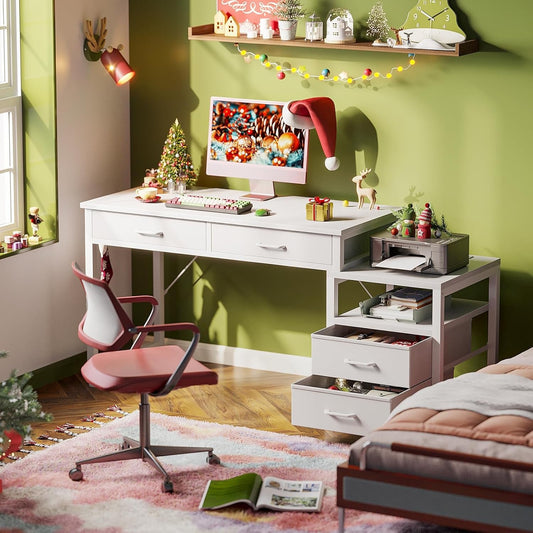 Computer Desk with 4 Drawers and USB Power Outlets, Reversible Home Office Desk with Printer Stand, Small Desk with Storage Shelf, Study Writing Work Table for Bedroom, Vanity Desk, White, 53"-1
