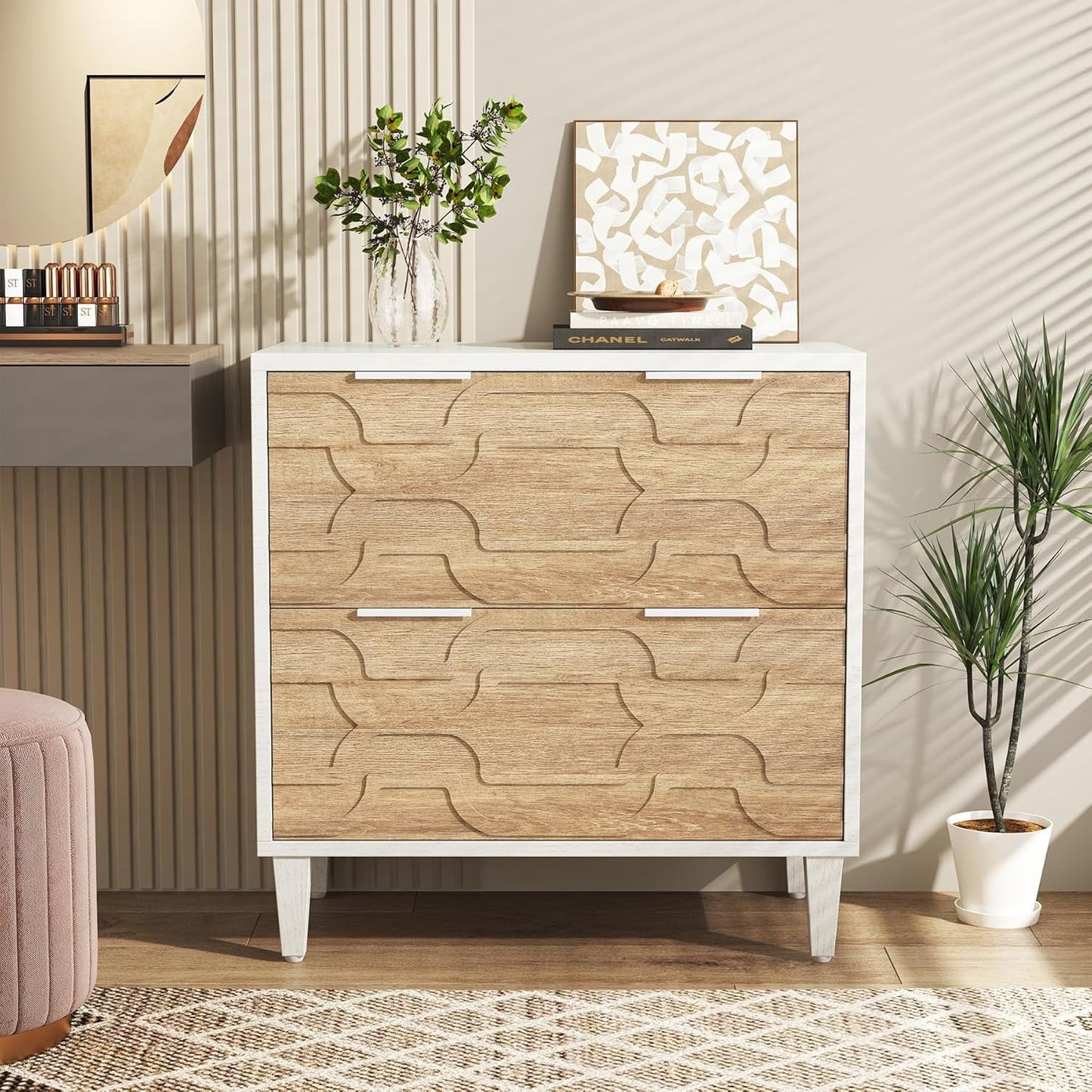 2-Drawer File Cabinet, Lateral Filing Cabinet for A4/Letter/Legal Size, Office Storage Cabinet, Printer Stand with Storage Drawer for Home Office, White & Walnut-3