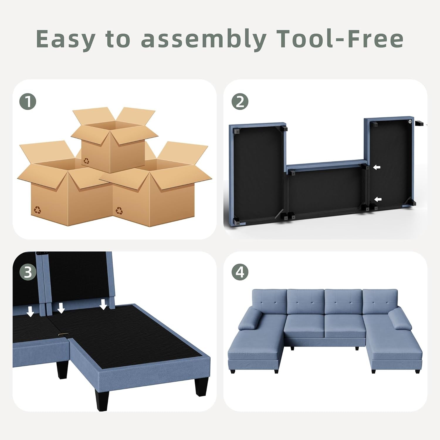 U-Shaped Sectional Sofa with Double Chaise, 4-Seat Linen Fabric Living Room Furniture Set, High-Density Cushions for Ultimate Comfort & Modern Style, Blue-4