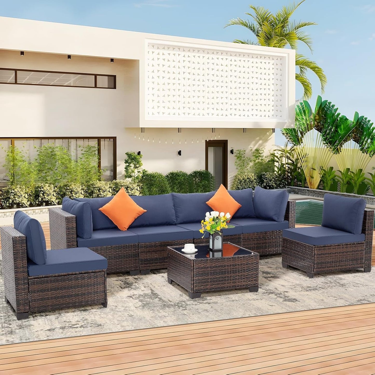 7 Pieces Outdoor Patio Furniture Set, Wicker Sectional Sofa Set Rattan Modular Patio Conversation Sets with Cushions Couch Set & Coffee Table for Outside, Garden, Balcony, Porch, Brown-Blue-1