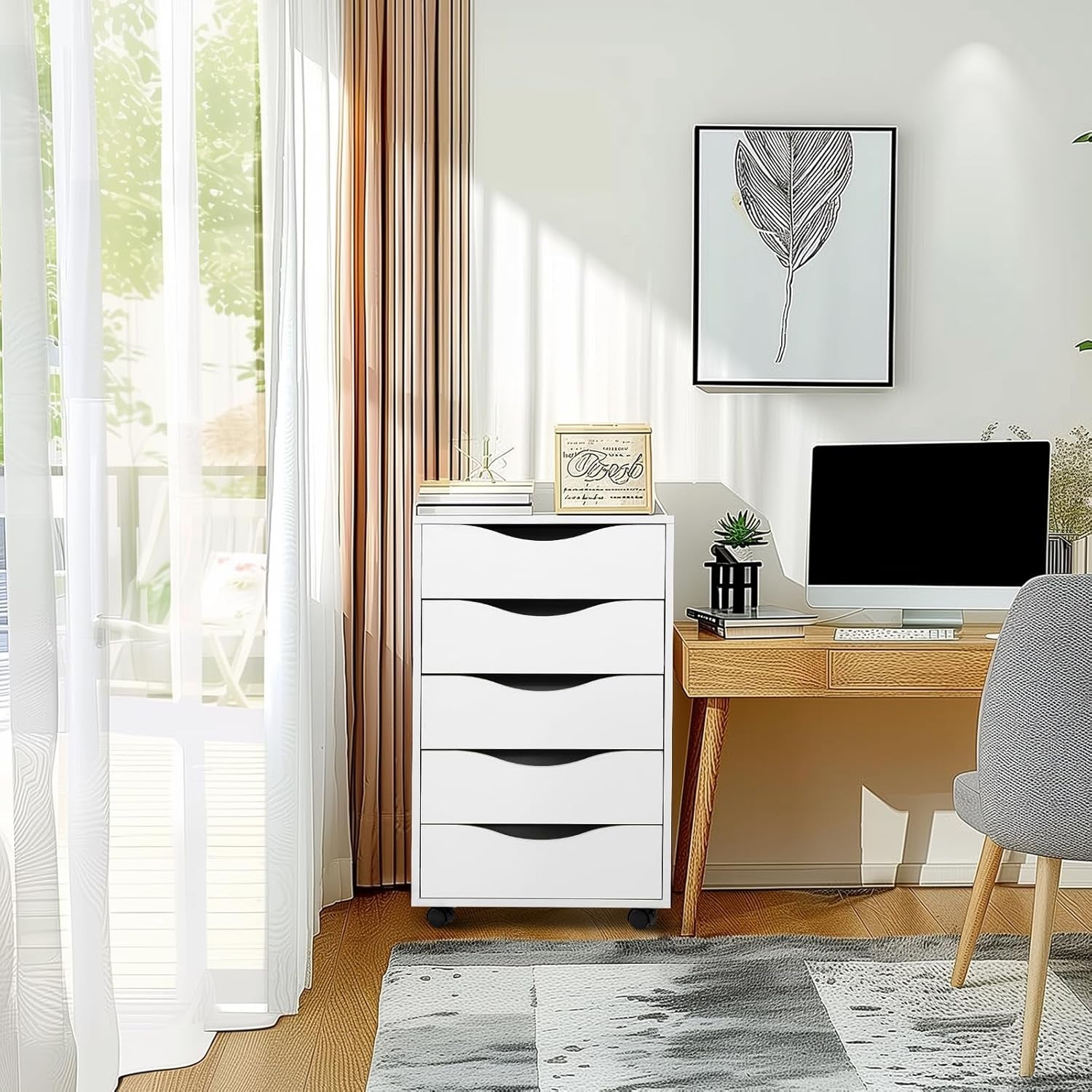 5 Drawer Chest Wood File Cabinet Rolling Storage Dresser with Wheels for Home Office, White-4