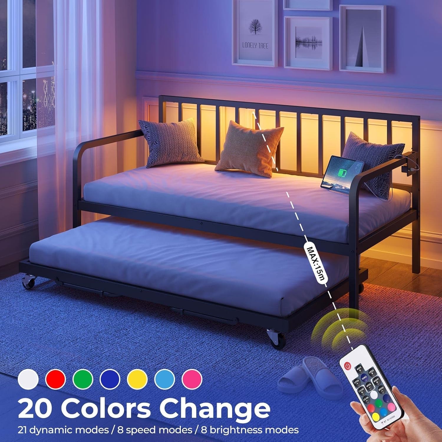 Daybed with Charging Station and LED Lights, Height Adjustable Twin Daybed with Trundle, Metal Sofa Bed Frame with Steel Slat Support for Living Room, Bedroom and Guest Room, Black-4