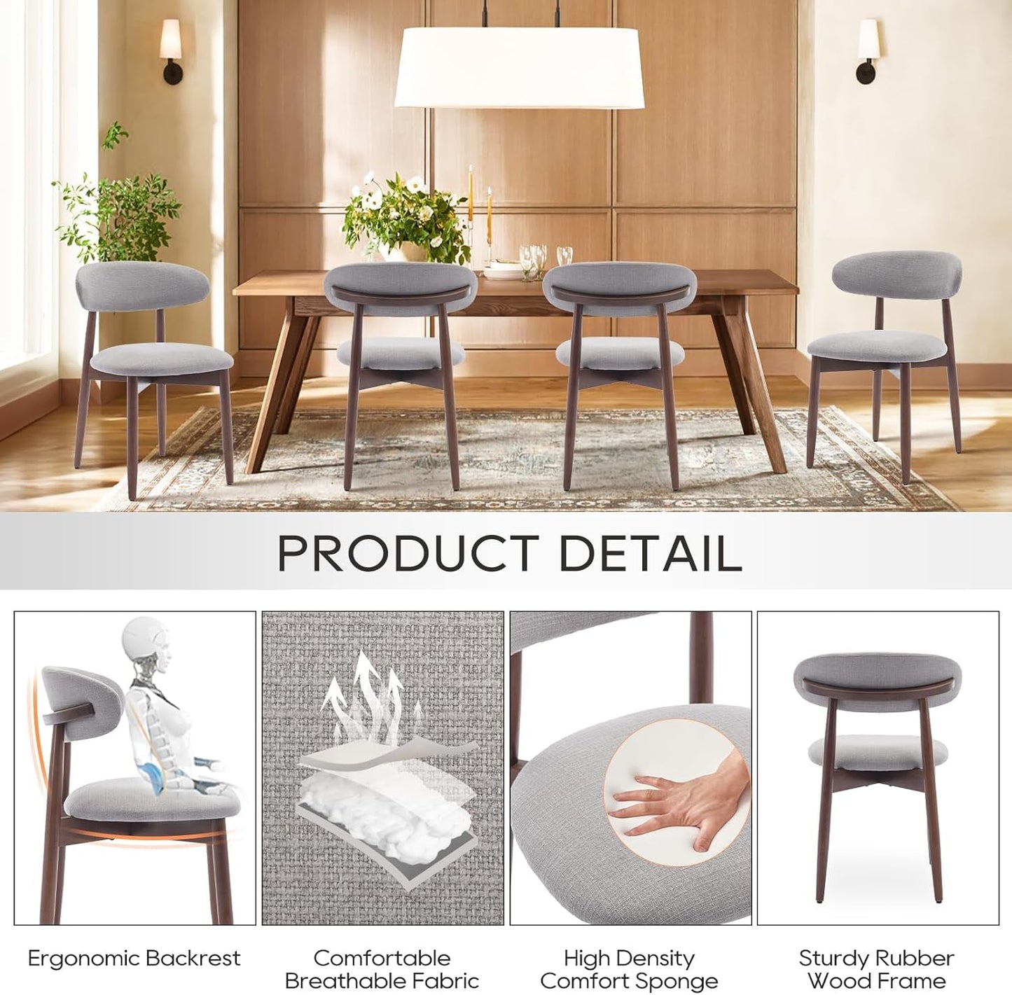 Wooden Dining Chairs Set of 6, Modern Fabric Upholstered Kitchen Side Chairs, Farmhouse Dining Room Chair with Foot Pegs, Light Grey-3