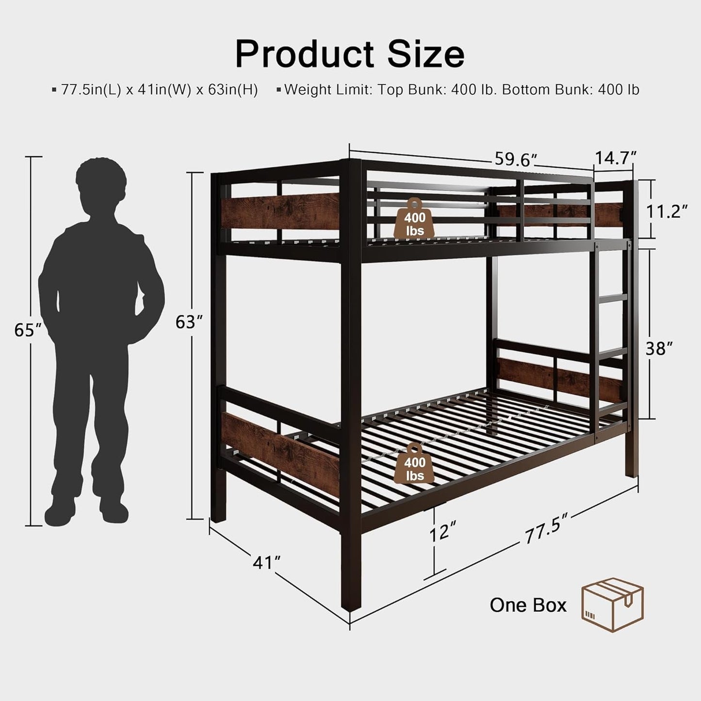 Bunk Bed Twin over Twin, Heavy Duty Metal Bed with Ladder and Full-Length Guardrail, Under-Bed Storage Space, No Box Spring Needed, Noise Free, Rustic Brown-1