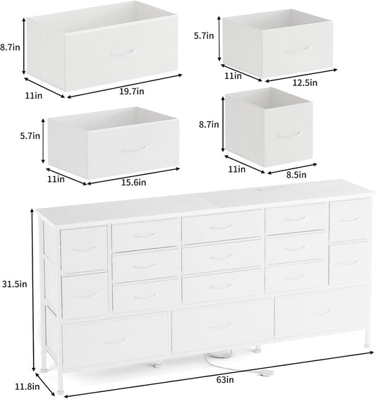 63.3 Inch Long Bedroom Dressers with Drawers Large Cabinet with Power Outlets Bedroom TV Stand with Storage, Fabric Dresser for Girl Bedroom with 16 Drawers, White-1