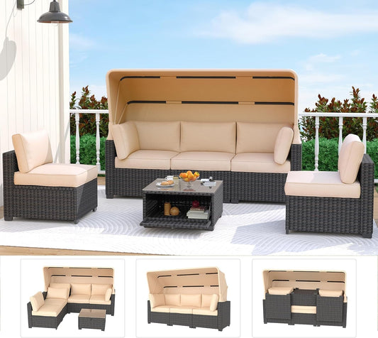 Outdoor Daybed with Canopy,6 Pieces Patio Furniture Sets Adjustable Backrest PE Gradient Wicker Sectional Furniture Set with Tempered Glass Side Table-0
