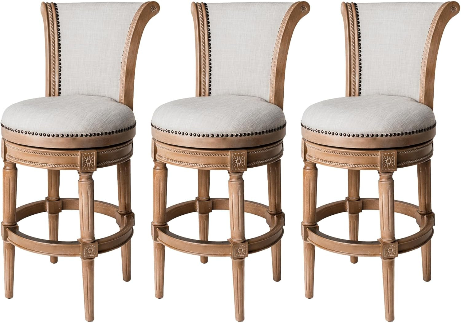 Pullman 31 Inch Tall Bar Height Upholstered Barstool with Back in Weathered Oak Finish with Sand Color Fabric Cushion Seat, Set of 3-0