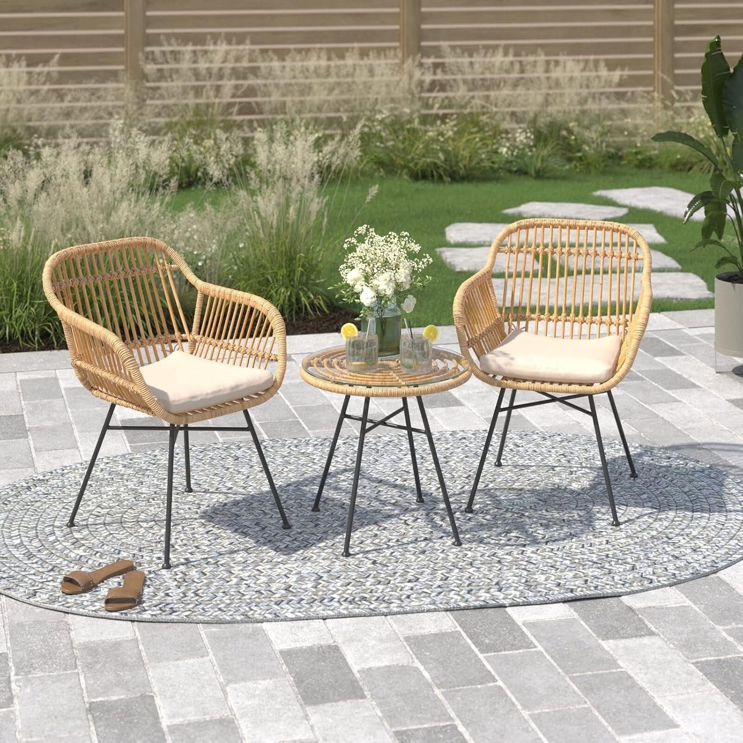 3Pcs Outdoor Bistro Chat Set Patio Conversation Wicker Chairs Glass Table with Seat Cushions, Beige-0