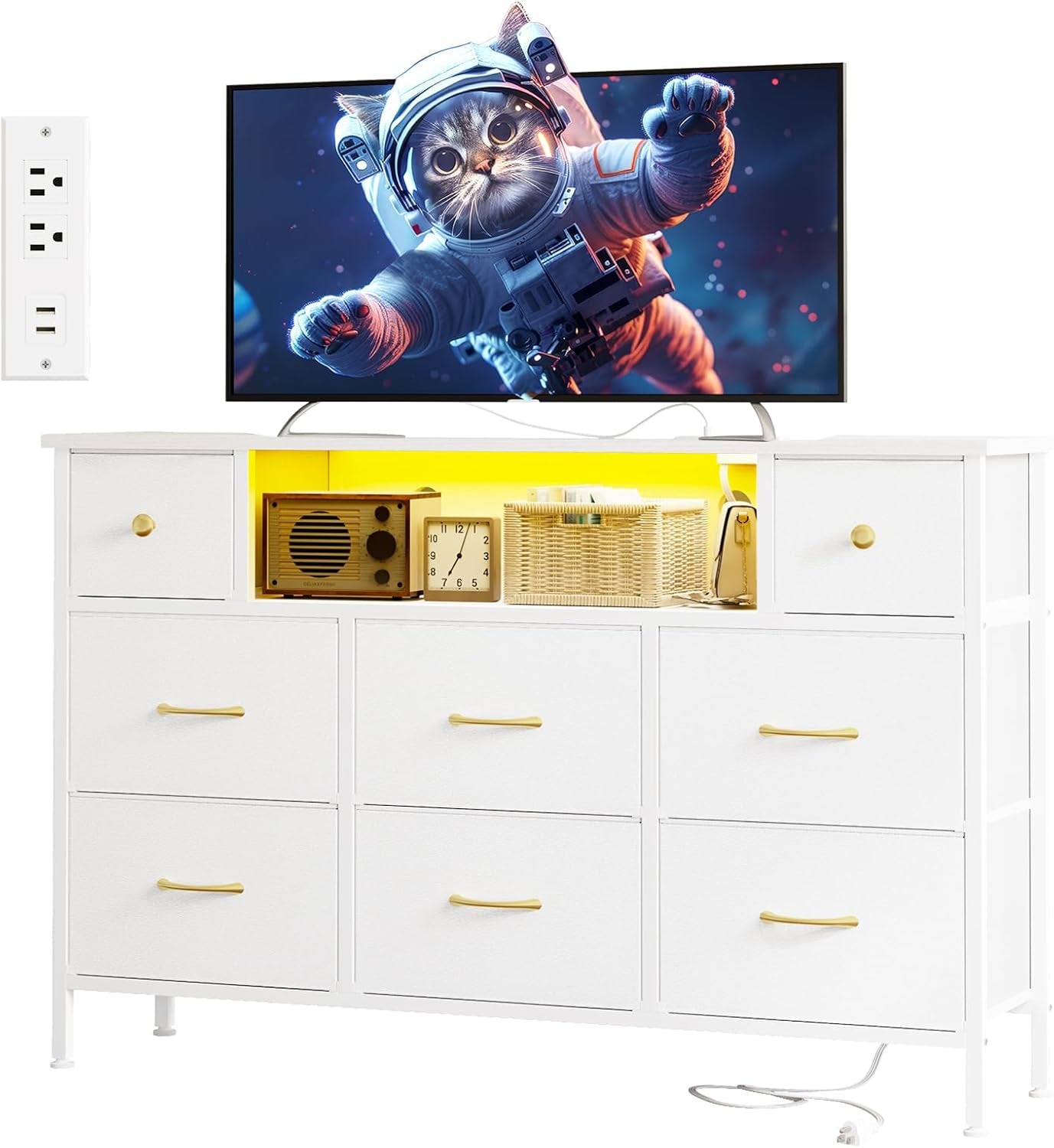 Dresser for Bedroom with Power Outlets and LED Lights, White 55" TV Stand with 8 Drawers, Fabric Chest of Drawers with PU Finish for Living Room, Entryway-0