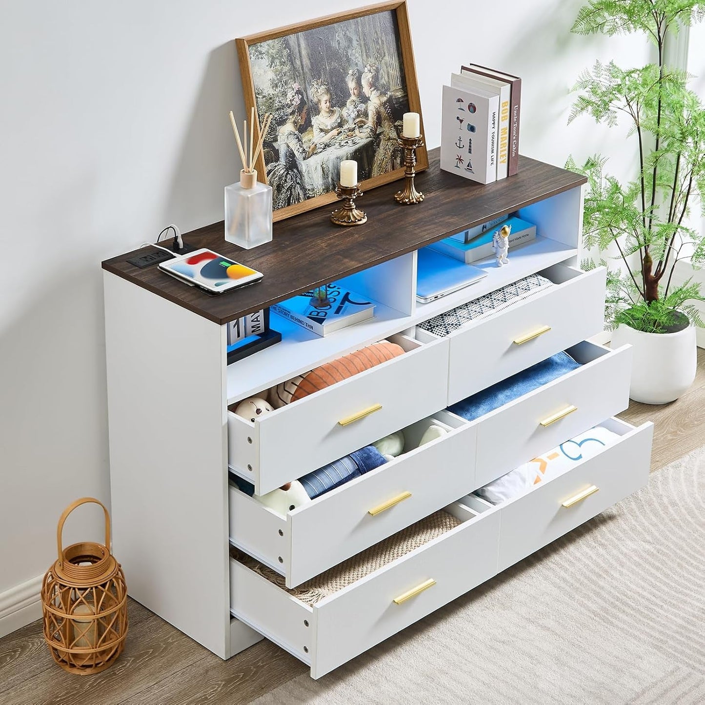 White Dresser for Bedroom Wooden, 6 Drawer Dressers & Chests of Drawers, Modern Wood Tall Dresser, 48 Inches Wide Chest of Drawers for Bedroom, Hallway, Living Room-2