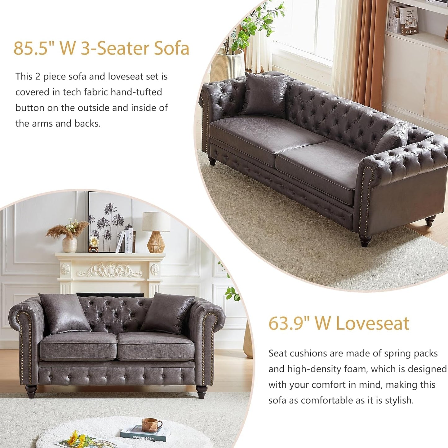 2-Piece Tech Fabric Upholstered Living Room Sofa Set, Including 3-Seater Sofa and Loveseat with Button and Copper Nail on Arms, Four Pillows Included, Grey-3