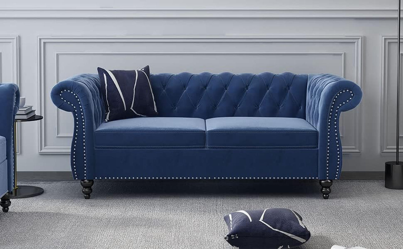 2 Piece Living Room Set, Velvet Chesterfield Sofa Loveseat Couch Chair with Scroll Arms and Nailhead for Living Room, Office (Blue)-4