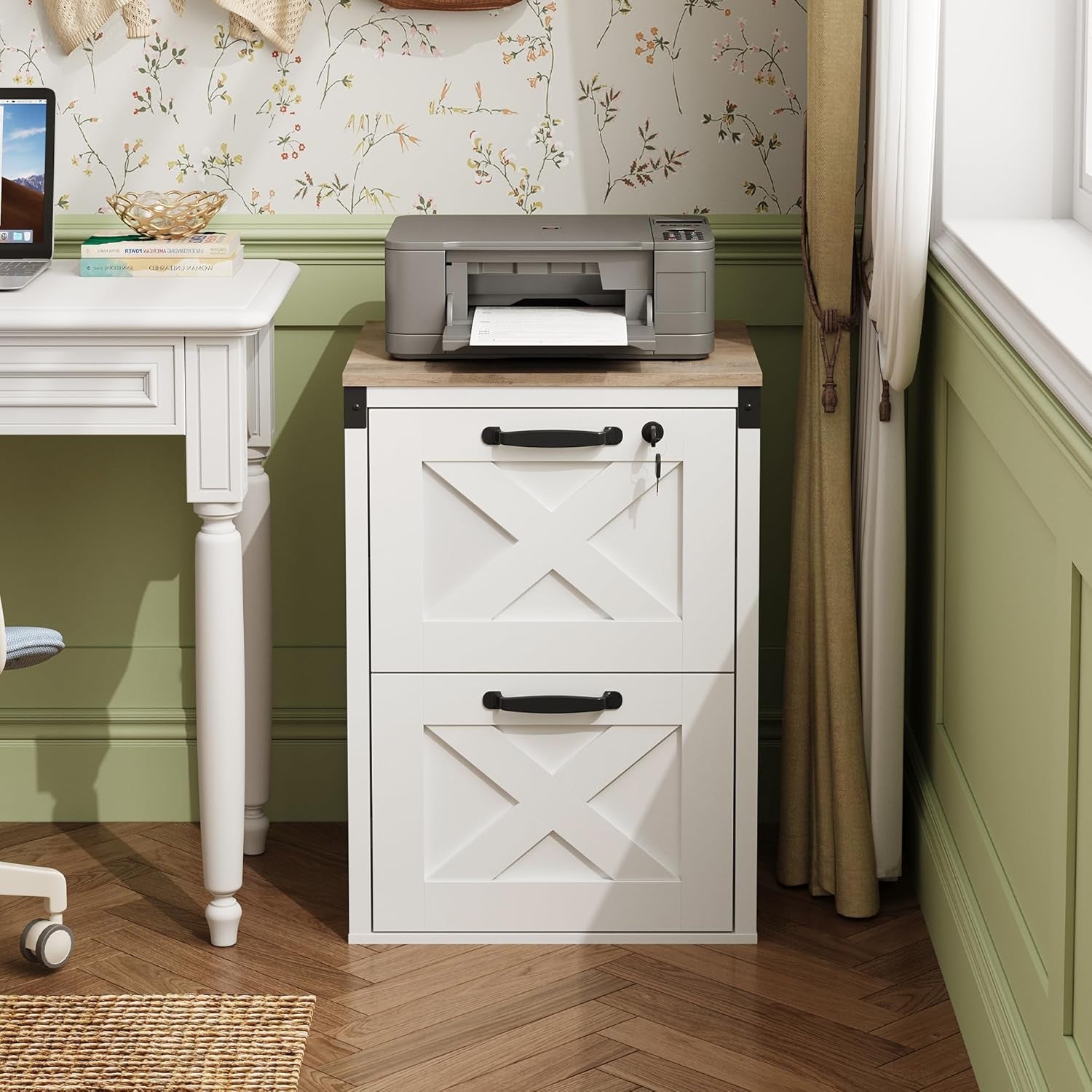 2 Drawer File Cabinet with Lock, Wood Farmhouse Filing Cabinet for Home Office, Printer Stand Fits Letter and A4 Size, White-1