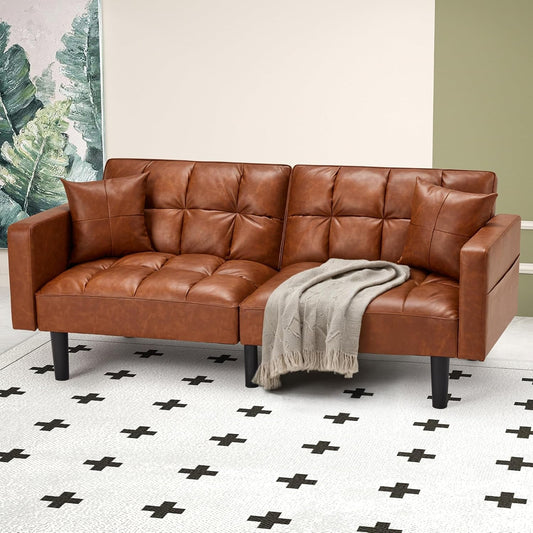 Faux Leather Futon Couch, Convertible Sofa Bed with Adjustable Back, Modern Sleeper Sofa for Living Room, Brown-0