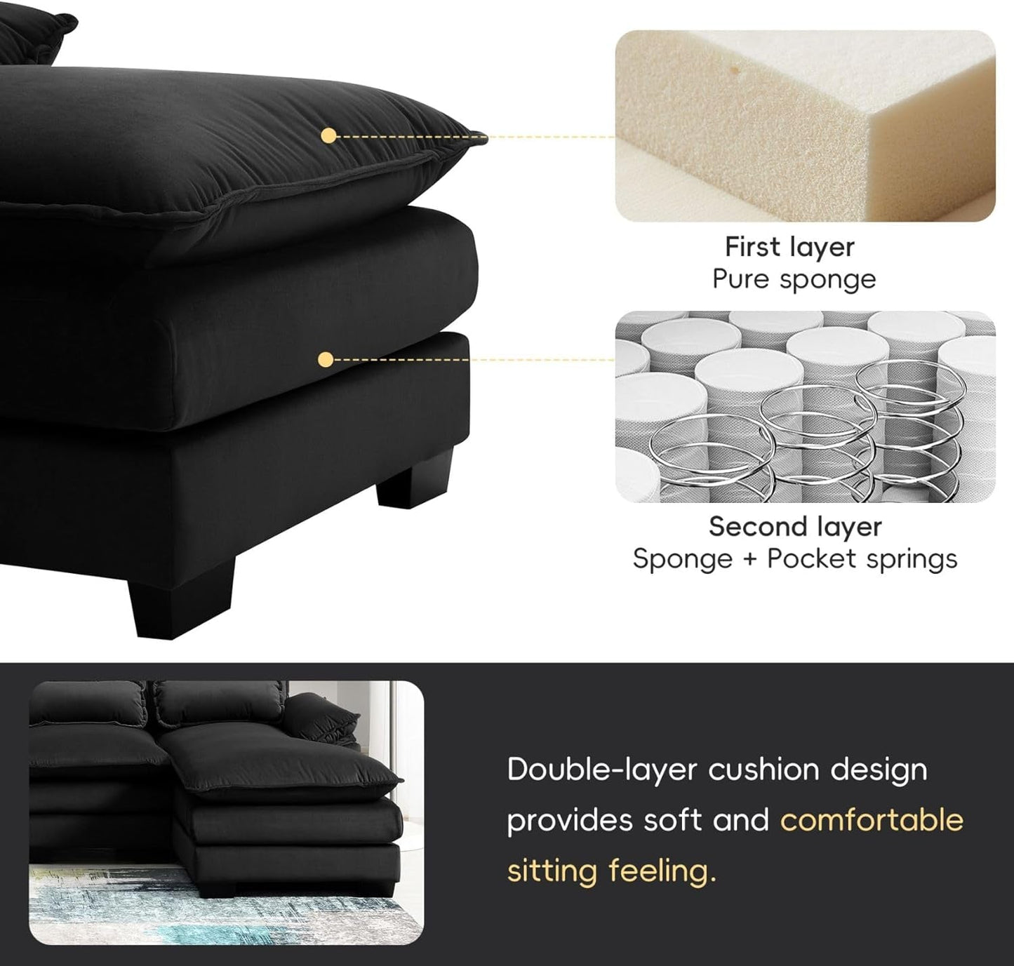 110" Modular Sectional Couches with Waist Pillows, 6-Seat U-Shaped Upholstered Sleeper Sofa Bed Chaise Lounge for Living Room Furniture, Large, Black-3