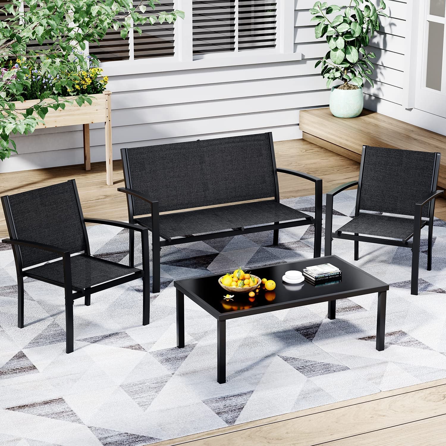 4 Pieces Patio Furniture Set, Outdoor Conversation Sets for Patio, Lawn, Garden, Poolside with a Glass Coffee Table, Black-2