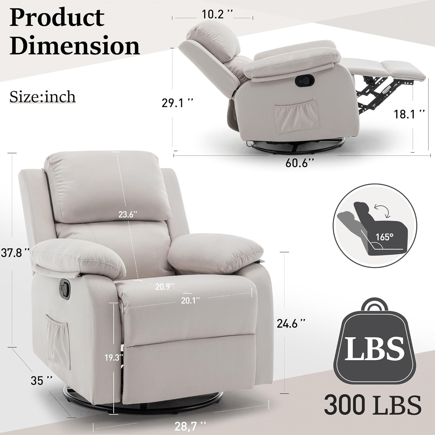 Recliner Chair, 360 Swivel Rocker Chair for Adults, Small Rocking Recliner Chair for Small Spaces, Upholstered Fabric Glider Recliner Nursery Chair with Side Pockets for Living Room, White-1
