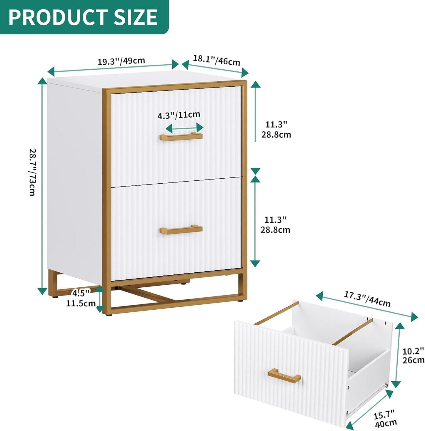 2 Drawer File Cabinet, Lateral Filing Cabinet for Home Office, White and Gold-1