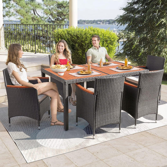 7 Piece Patio Dining Set Outdoor Acacia Wood Table and Chairs with Soft Cushions Wicker Patio Furniture for Deck, Backyard, Garden-1