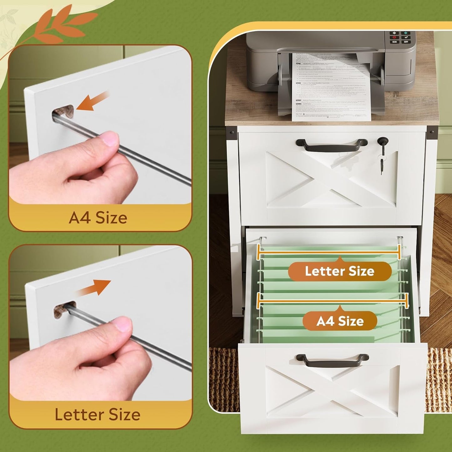 2 Drawer File Cabinet with Lock, Wood Farmhouse Filing Cabinet for Home Office, Printer Stand Fits Letter and A4 Size, White-4