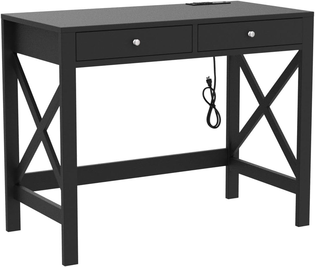 Computer Desk with USB Charging Ports and Power Outlets, 39" Black Desk with Drawers, Small Study Writing Table with Stable X Frame for Home Office-4