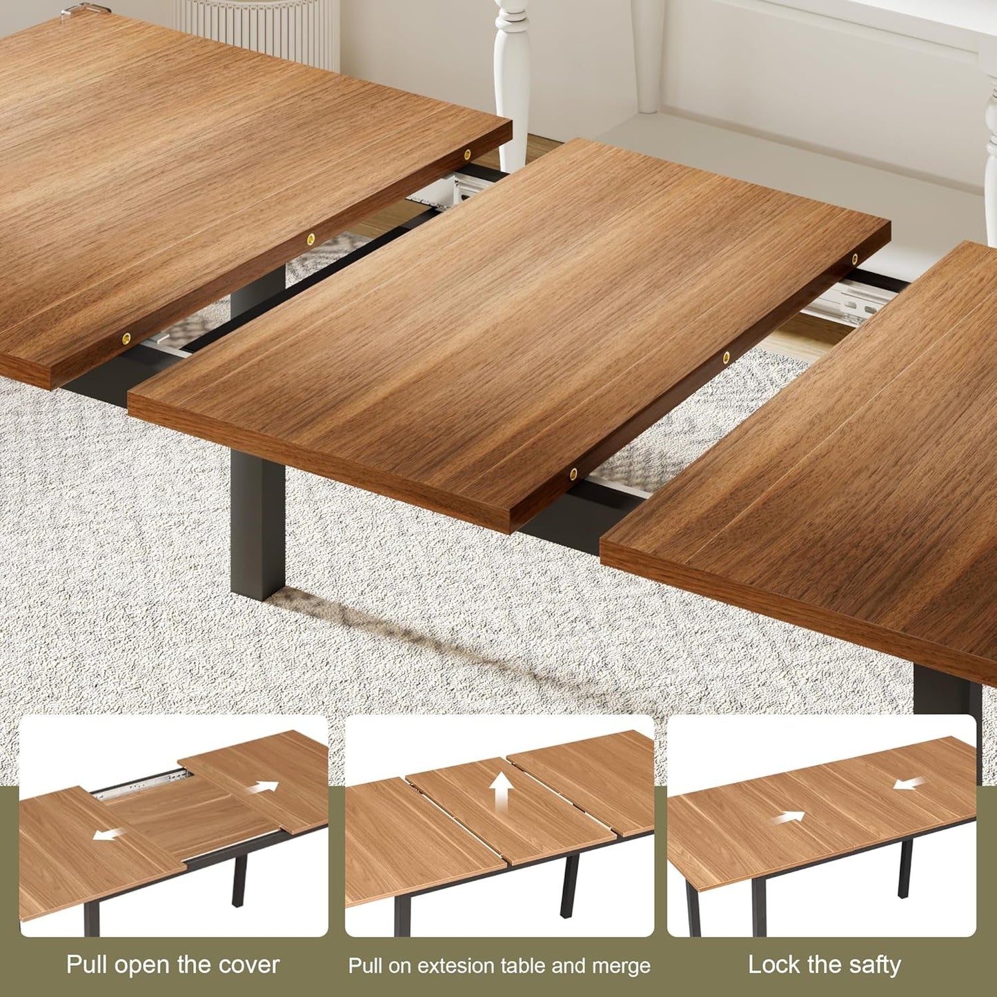 63" Extendable Dining Table, Modern Farmhouse Dining Room Table for 4-8, Wooden Kitchen Table for Small Space, Dining Room, Home Office, Living Room Furniture, Walnut-4