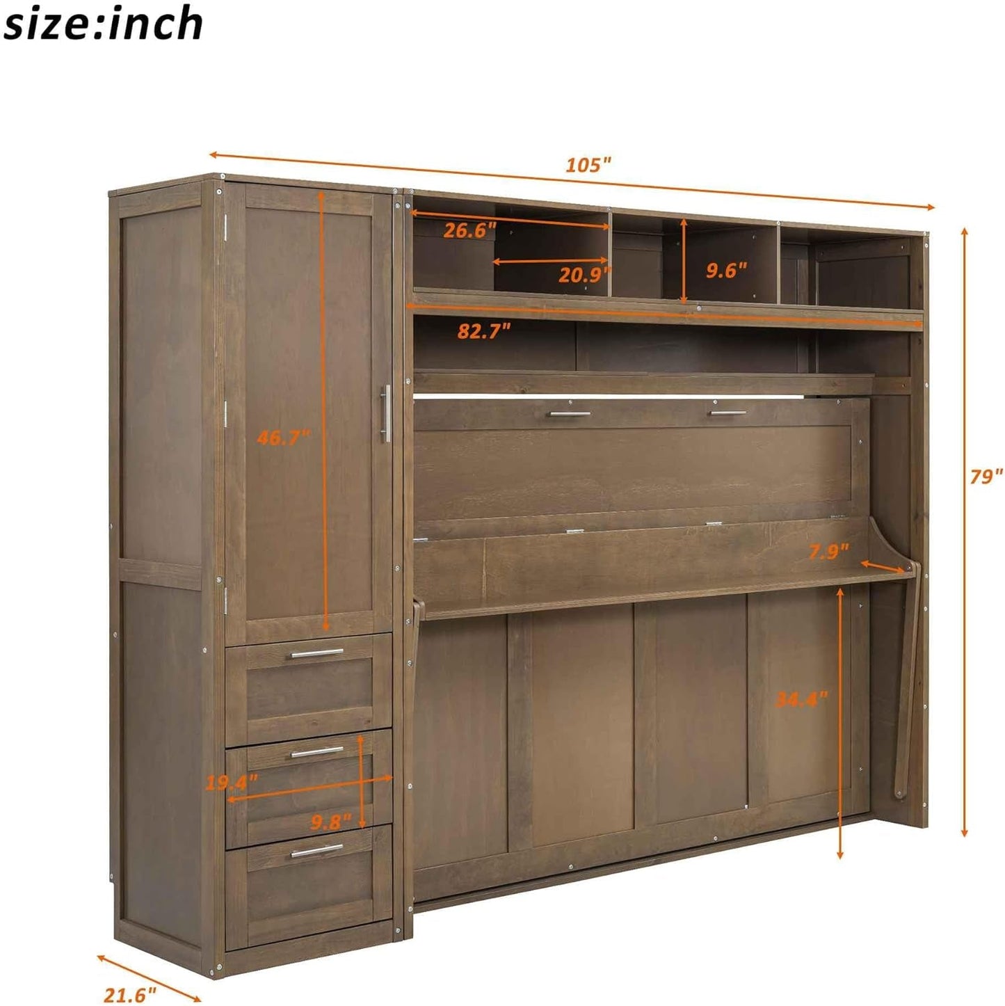 Foldable Full Size Murphy Bed with Wardrobe and Desk-3