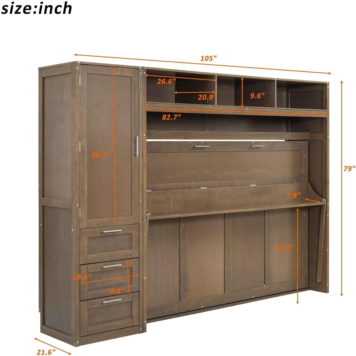 Foldable Full Size Murphy Bed with Wardrobe and Desk-3