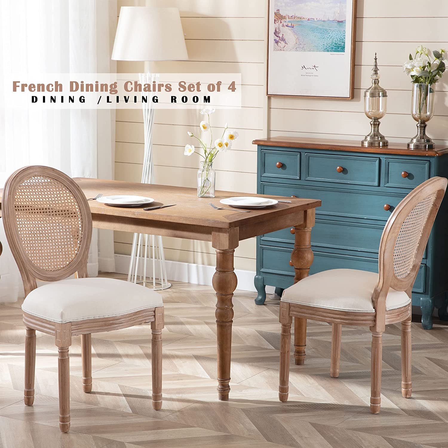 French Country Dining Chairs Set of 4, Farmhouse Fabric Chairs with round Back, Rattan Dining Chair, Oval Side Chairs for Dining Room/Living Room/Kitchen/Restaurant-3