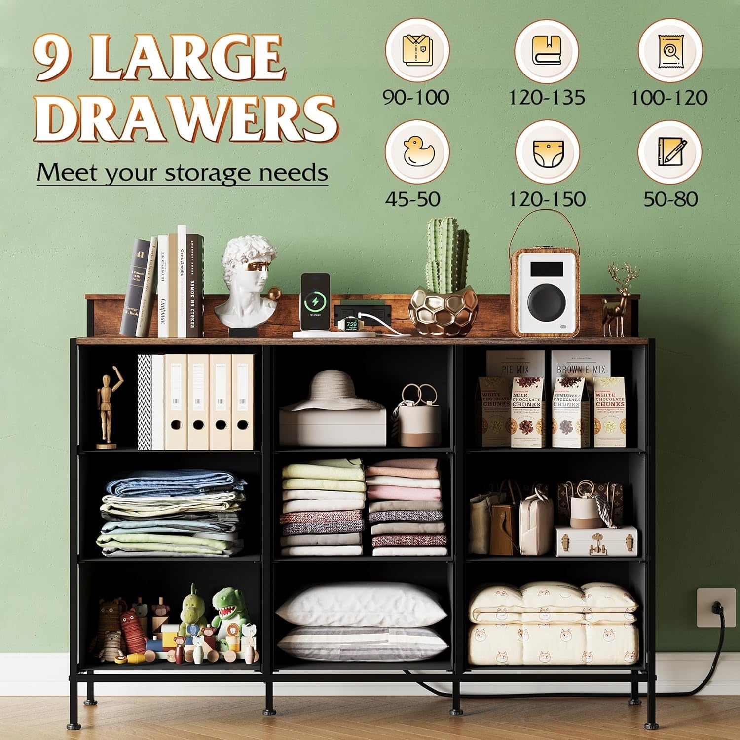 Dresser TV Stand for 55 Inch, Led Dresser for Bedroom, White Dresser for Bedroom with LED Lights and Charging Station, Chest of Drawers, 9 Fabric Dresser Drawers, Wood Top, Living Room, Closet-4