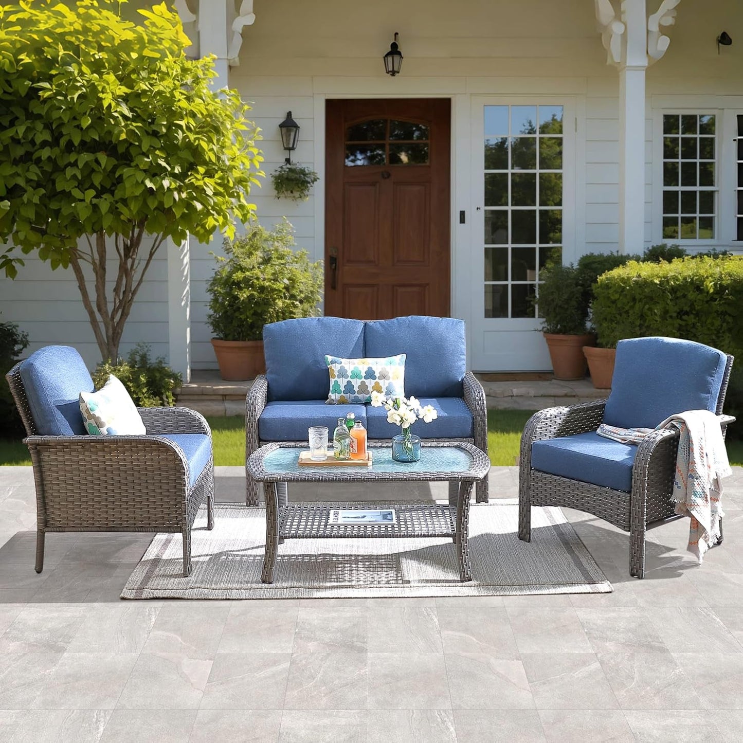 Denim Blue 4 Pieces Patio Furniture Set with Cushions-0