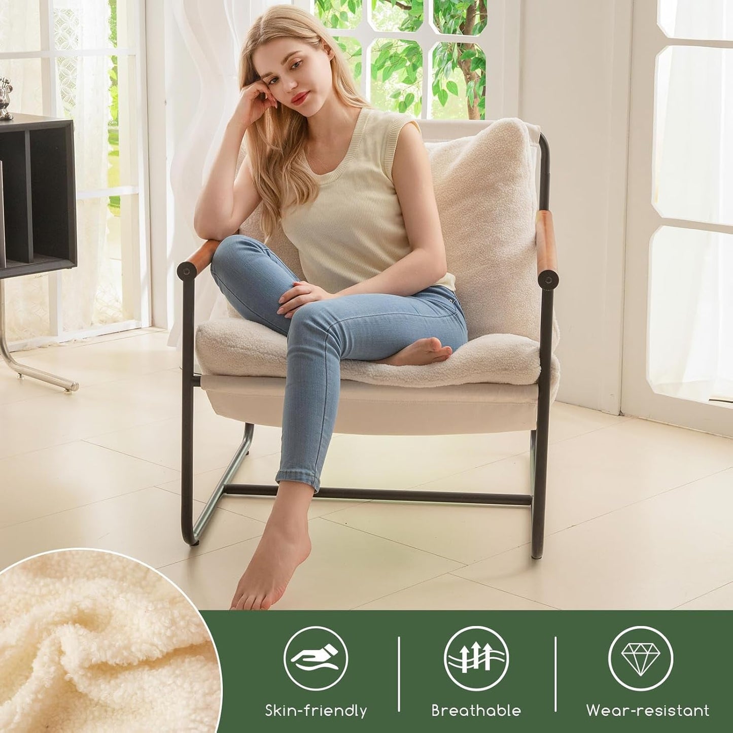 Modern Accent Chair, Living Room Chair with Wood Armrests, Shredded Foam Cushion, and Sturdy Metal Frame Reading Chair, Beige-2