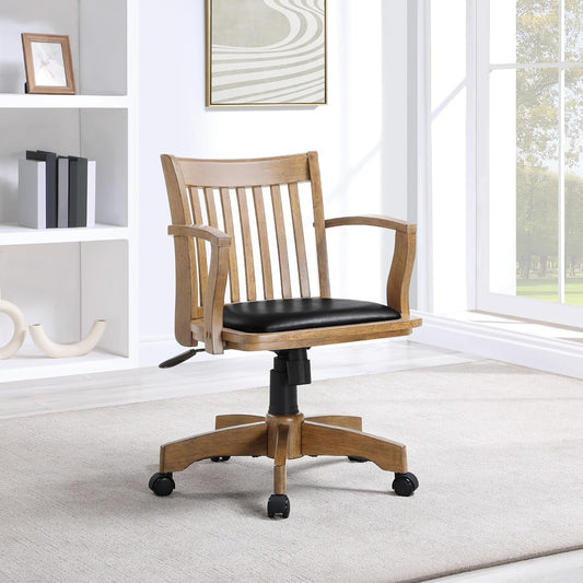 OSP Home Furnishings Deluxe Wood Banker'S Desk Chair with Padded Seat, Adjustable Height and Locking Tilt, Fruitwood Finish and Black Vinyl-1