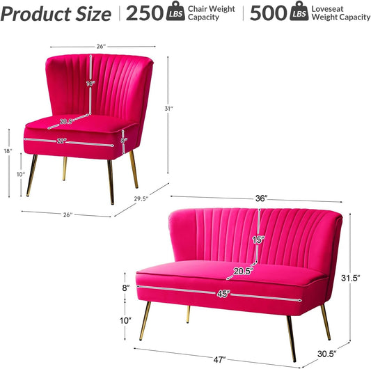 3 Piece Velvet Living Room Furniture Set, Modern Comfy Upholstered Chair Set with Golden Legs, Include Loveseat & 2 Accent Chairs for Bedroom, FUCHSIA Tufted 2-Seater Sofa & Armless Chairs-1